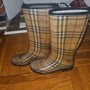 Burberry Beige and Black Plaid Rain Boots